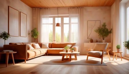 Foto de Modern interior Japandi style design living room. Lighting and sunny Scandinavian apartment with plaster and wood. - Imagen libre de derechos