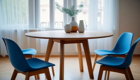 Round wooden dining table and blue chairs. Scandinavian, mid-century home interior design of modern dining room.の素材