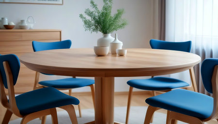 Round wooden dining table and blue chairs. Scandinavian, mid-century home interior design of modern dining room.の素材