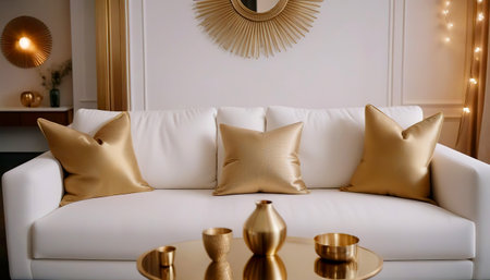 White fabric sofa and brass decor pieces. Interior design of cozy living room.の素材