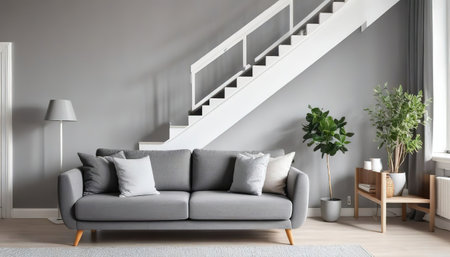 Cute grey sofa in room with staircase. Scandinavian home interior design of modern living room.の素材
