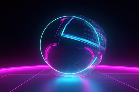 Crystal ball illuminated by neon lights with a futuristic glow, showcasing vibrant pink and blue hues on a dark background.の素材
