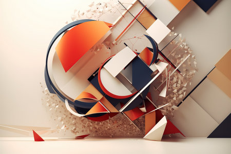 Abstract 3D composition of geometric shapes in a dynamic arrangement with a modern, artistic feel.の素材