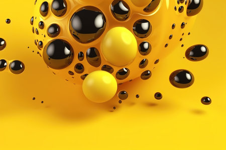 Abstract yellow and black spheres on a yellow background, 3D render for modern design.の素材