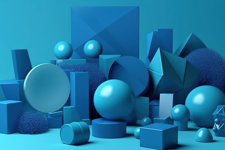 Abstract composition of blue geometric shapes with varying textures on a monochromatic background.の素材