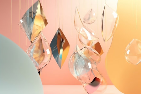 Abstract background with floating geometric shapes and pastel colors.の素材