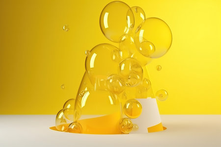 Transparent soap bubbles with reflections on a yellow background.の素材
