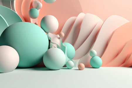 Abstract 3D render with pastel colors, featuring geometric shapes and smooth curves for modern background or wallpaper.の素材