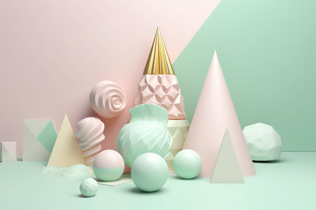 Pastel colored abstract geometric shapes setup on a dual-tone background for modern art concept.の素材