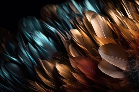 Close-up of multicolored bird feathers with intricate patterns and textures.の素材