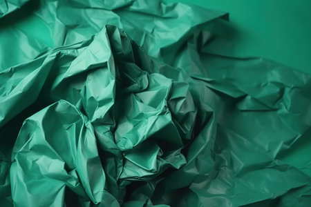 Abstract crumpled green paper texture with shadows and highlights creating a dynamic background.の素材
