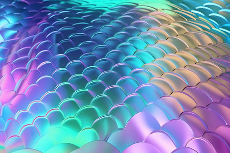 Abstract colorful geometric background with a 3D pattern of overlapping hexagons illuminated with a gradient of purple to teal light.の素材