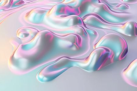 Abstract iridescent twisted object on a purple background with a smooth, reflective surface.の素材