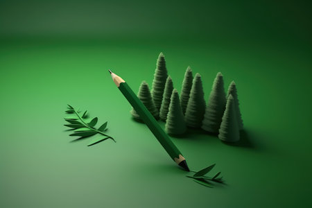 Pencil and fir on Green colour background in boxの素材