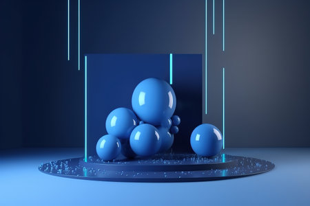 Abstract 3D composition with blue spheres and geometric shapes on a dark background with neon light streaks.の素材