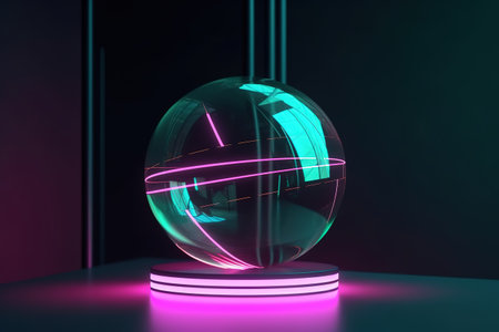 Crystal ball on illuminated stand with blue light on dark background.の素材