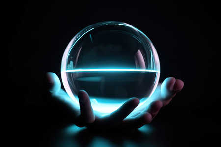 Crystal ball on illuminated stand with blue light on dark background.の素材