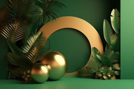 Elegant tropical setup with golden spheres and green foliage against a green backdrop with a circular frame.の素材