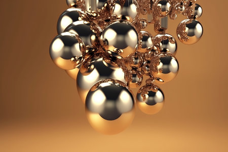 Abstract 3D render of metallic spheres connected by rods on a warm gradient background.の素材