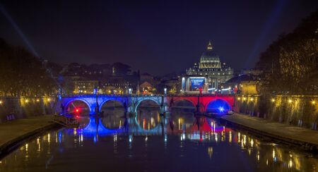 Rome, Italy, january 2016: illuminated bridge with the colors of the french flag for the 60th anniversary of the Rome - Paris twinning Paris is since April 9, 1956 exclusively and reciprocally twinned only with Rome. "Only Paris is worthy of Rome; only Roのeditorial素材