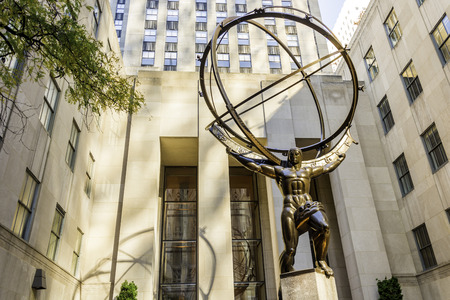 New York, USA, november 2016: Atlas is a bronze statue in front of Rockefeller Center in midtown...