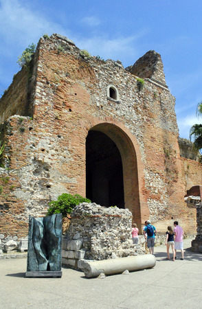 Taormina, ME, Italy, may 2012: main entrance of the Ancient theatre of Taormina in Sicily, Italyのeditorial素材