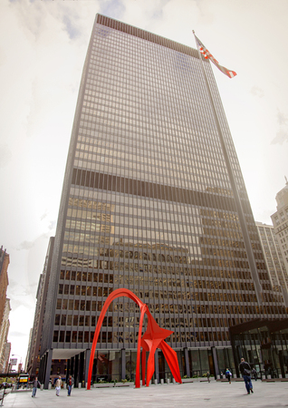 Chicago, IL, USA, october 27, 2016: Flamingo, in the Federal Plaza in Chicago. The stabile was constructed by American sculptor Alexander Calderのeditorial素材