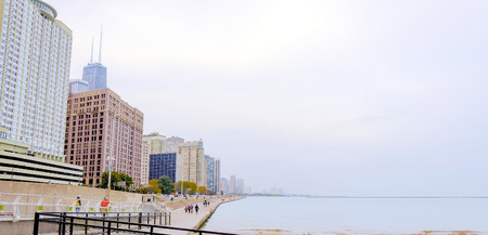 Chicago, IL, USA, october 28, 2016: Chicago Lakefront in a foggy cloudy dayのeditorial素材