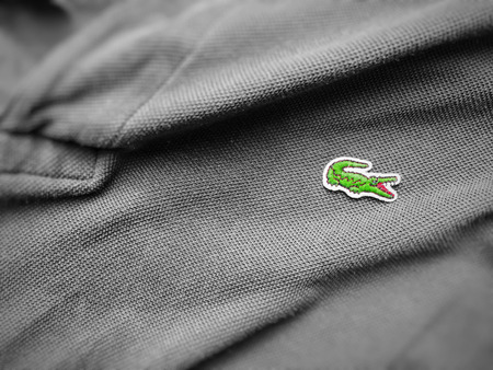Rome, Italy, august 3rd 2018: close up view of a Lacoste grey polo shirt. Focus on the sewn crocodileのeditorial素材