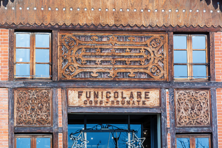 Como, Italy, January 1st 2016: wooden facade of the Como funicular transport system stationのeditorial素材