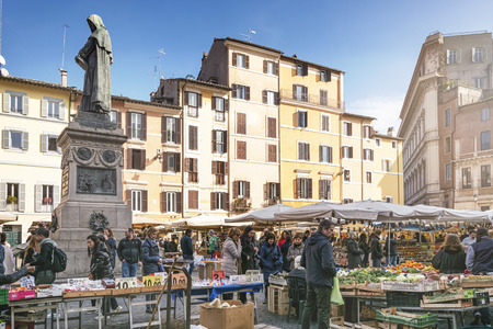 Rome, Italy, February 2017: Daytime view of the ancient vegetable market in Piazza Campo de Fiori in Rome. Campo de' Fiori, translated literally from Italian, means "field of flowers"のeditorial素材