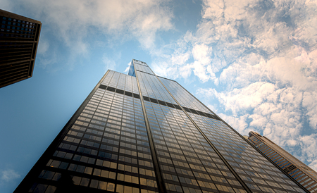 Chicago, IL, USA, October 2016: bottom view of the Willis Tower. Also known as the Sears Tower, it is a skyscraper in Chicago, Illinois. It was the tallest building in the world from 1973 to 1998のeditorial素材