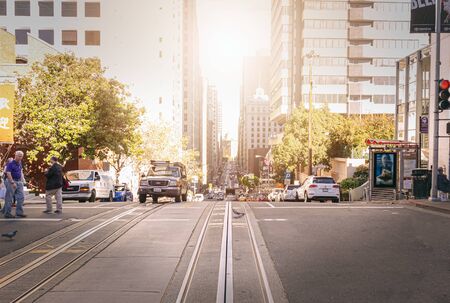 San Francisco, CA, USA, October 2016: California Street with Cable Car rails and city traffic in San Franciscoのeditorial素材