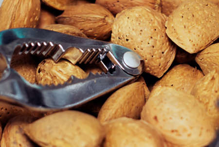 Nutcracker on a group of almonds in their shells. Healthy food. Protein-rich nuts. Healthy lifestyleの写真素材
