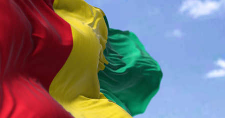 Detail of the national flag of Guinea waving in the wind on a clear day. Guinea is a coastal country in West Africa. Selective focus.の写真素材