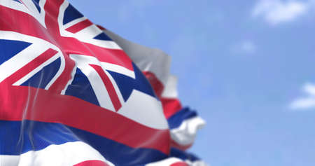 The state flag of Hawaii waving in the wind. Hawaii is a state in the Western United States. Democracy and independence.の写真素材