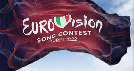 Turin, Italy, January 2022: The flag of the Eurovision Song Contest 2022 logo waving in the wind. The 2022 edition will take place in Turin, Italy from 10 to 14 Mayのeditorial素材