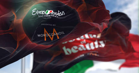 Turin, Italy, January 2022: The flags of the Eurovision Song Contest 2022 waving in the wind. The 2022 edition will take place in Turin, Italy from 10 to 14 Mayのeditorial素材