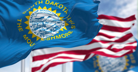 The South Dakota state flag waving along with the national flag of the United States of America....