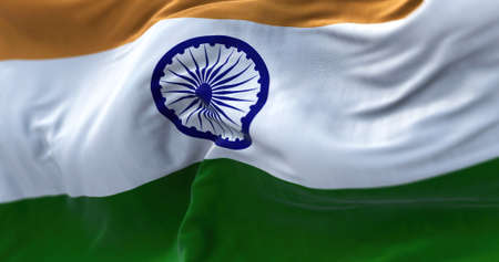 Detailed close up of the national flag of India waving. Democracy and politics. South Asian country. Selective focus.の写真素材