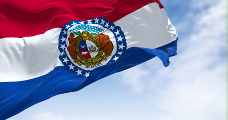The US state flag of Missouri waving in the wind. Missouri is a state in the Midwestern region of...