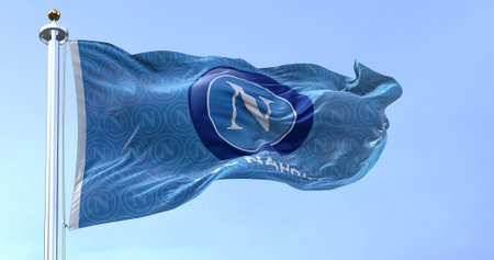 Naples, Italy, July 2022: The flag of SSC Napoli waving. SSC Napoli is a professional football club based in Naples, Italy.のeditorial素材