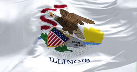 Close-up view of Illinois state flag waving in the wind on a clear day. Illinois is a state in the Midwest of the United States. Us state flag. 3D renderの写真素材