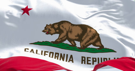 Close-up view of the California State flag waving in the wind. California is a federated state of...
