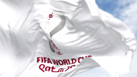 Doha, QA, October 2022. Close-up view of the FIFA Qatar 2022 World Cup flag waving in the wind. The World Cup will take place in Qatar from 20 November to 18 December 2022のeditorial素材