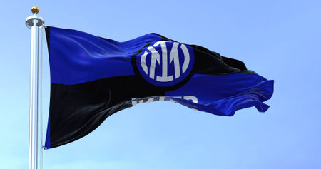 Milan, Italy, July 2022: The flag of Inter Football Club waving in the wind. Inter is a professional football club based in Milan, Italyのeditorial素材