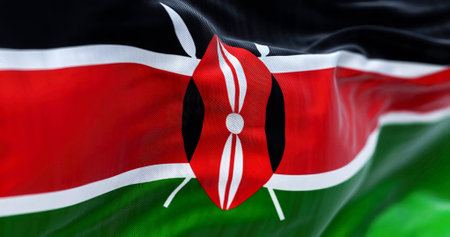Close-up view of Kenya national flag waving. The Republic of Kenya is an East African State. Fabric textured background. Selective focus. 3D illustration renderの写真素材