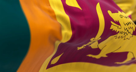 Close-up view of the Sri Lanka national flag waving. The Democratic Socialist Republic of Sri Lanka is an island country in South Asia. Fabric textured background. Selective focus. 3D illustrationの写真素材