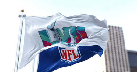 Glendale, US, Nov 2022: The 57th Super Bowl flag flying with the NFL flag blurred in the background. The game is scheduled to be played on February 12, 2023 in Glendale, Arizonaのeditorial素材