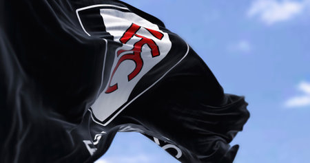 London, UK, jan 2023: flag of Fulham Football Club waving. Professional Football club based in London. English Premier League. Fluttering fabric. Selective focus. Realistic 3d illustrationのeditorial素材